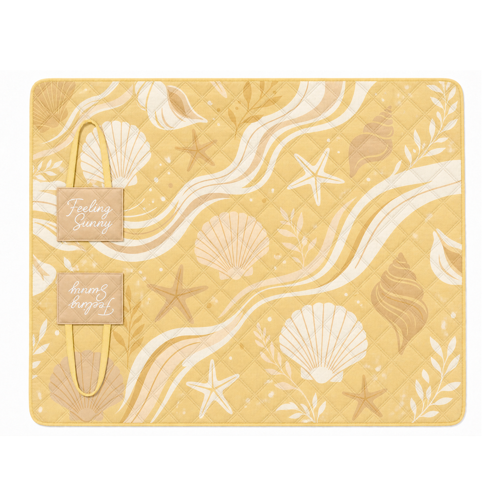 Yellow Feeling Sunny padded beach blanket opened flat with a seashell and starfish print