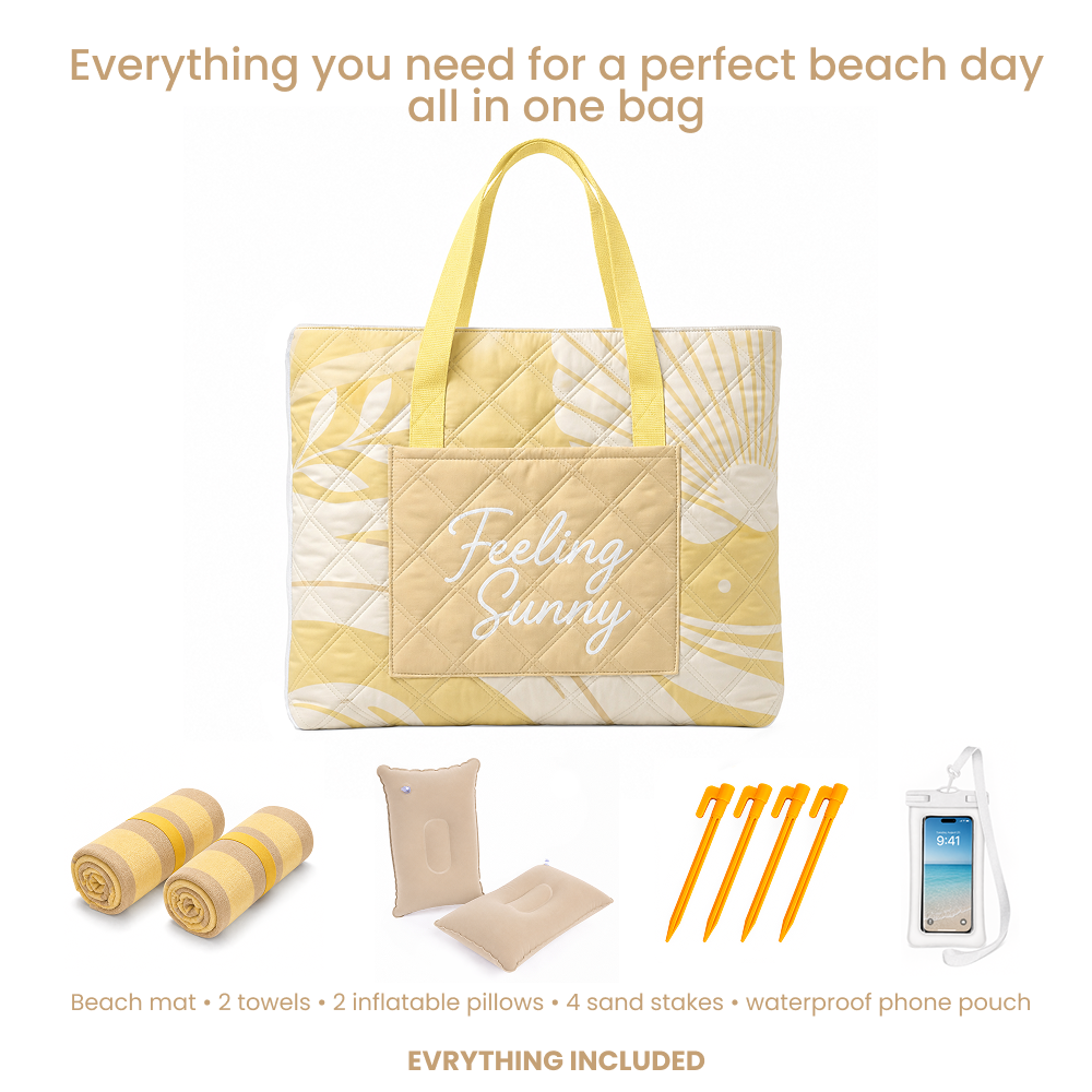 Bentoria Yellow Feeling Sunny beach blanket set with towels, pillows, sand stakes and a phone pouch