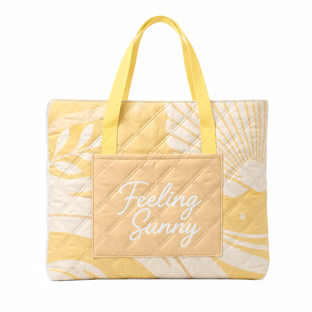 Yellow Feeling Sunny padded beach blanket folded into its built-in tote