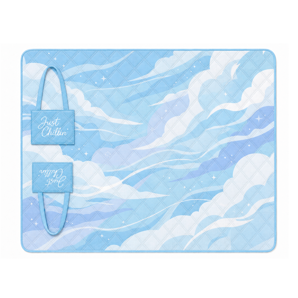 Sky Just Chillin’ padded beach blanket opened flat with a blue and white water-inspired print