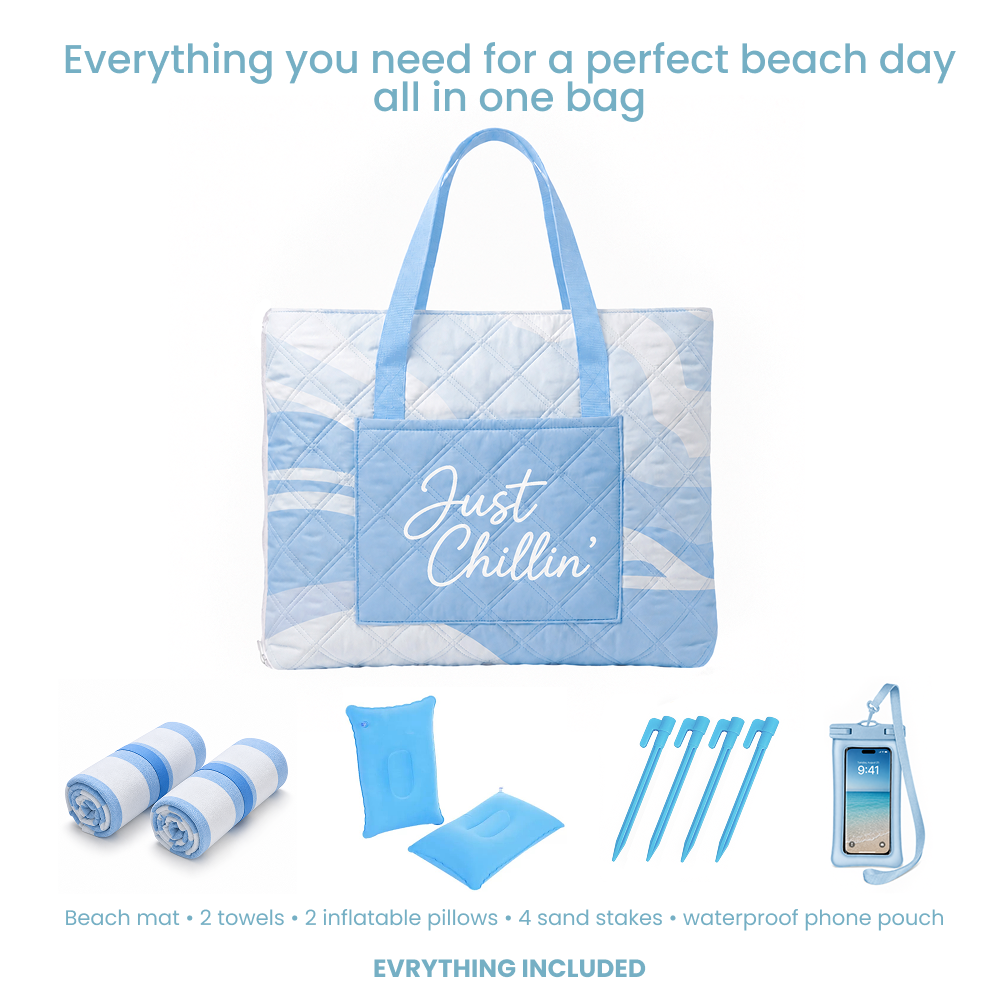 Bentoria Sky Just Chillin’ beach blanket set with towels, pillows, sand stakes and a phone pouch