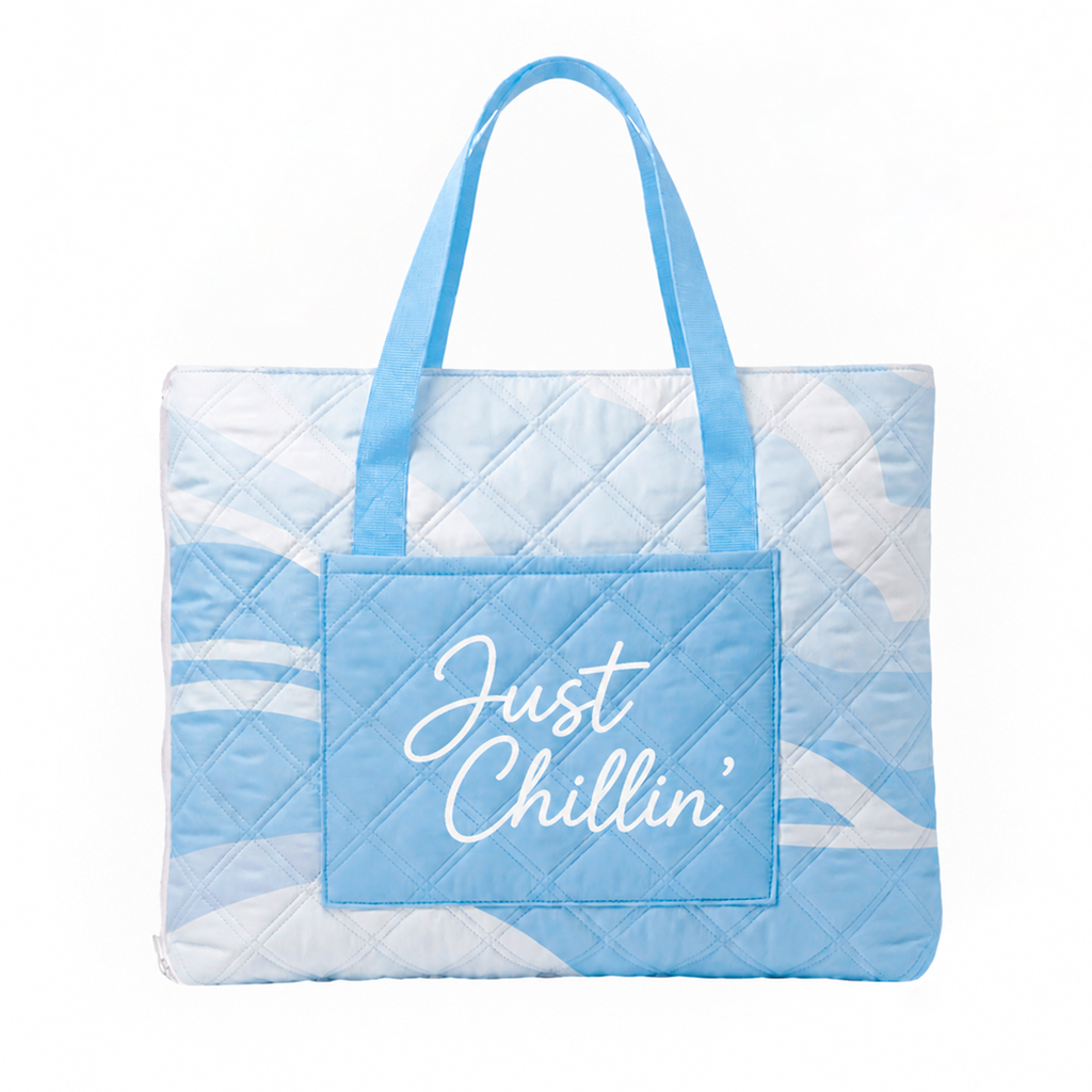 Sky Just Chillin’ padded beach blanket folded into its built-in tote