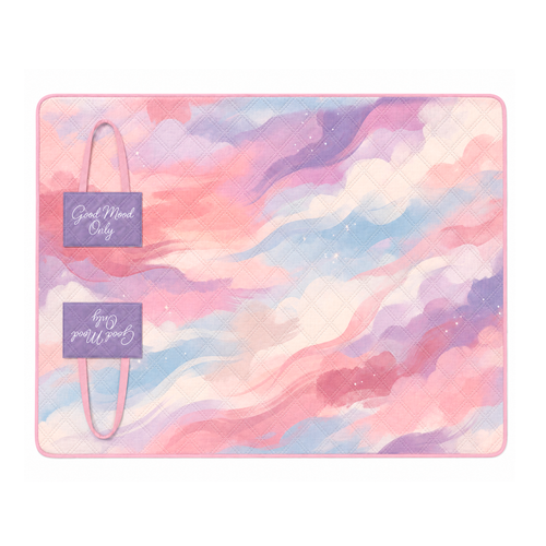 Pink Good Mood Only padded beach blanket opened flat with a pastel watercolor print