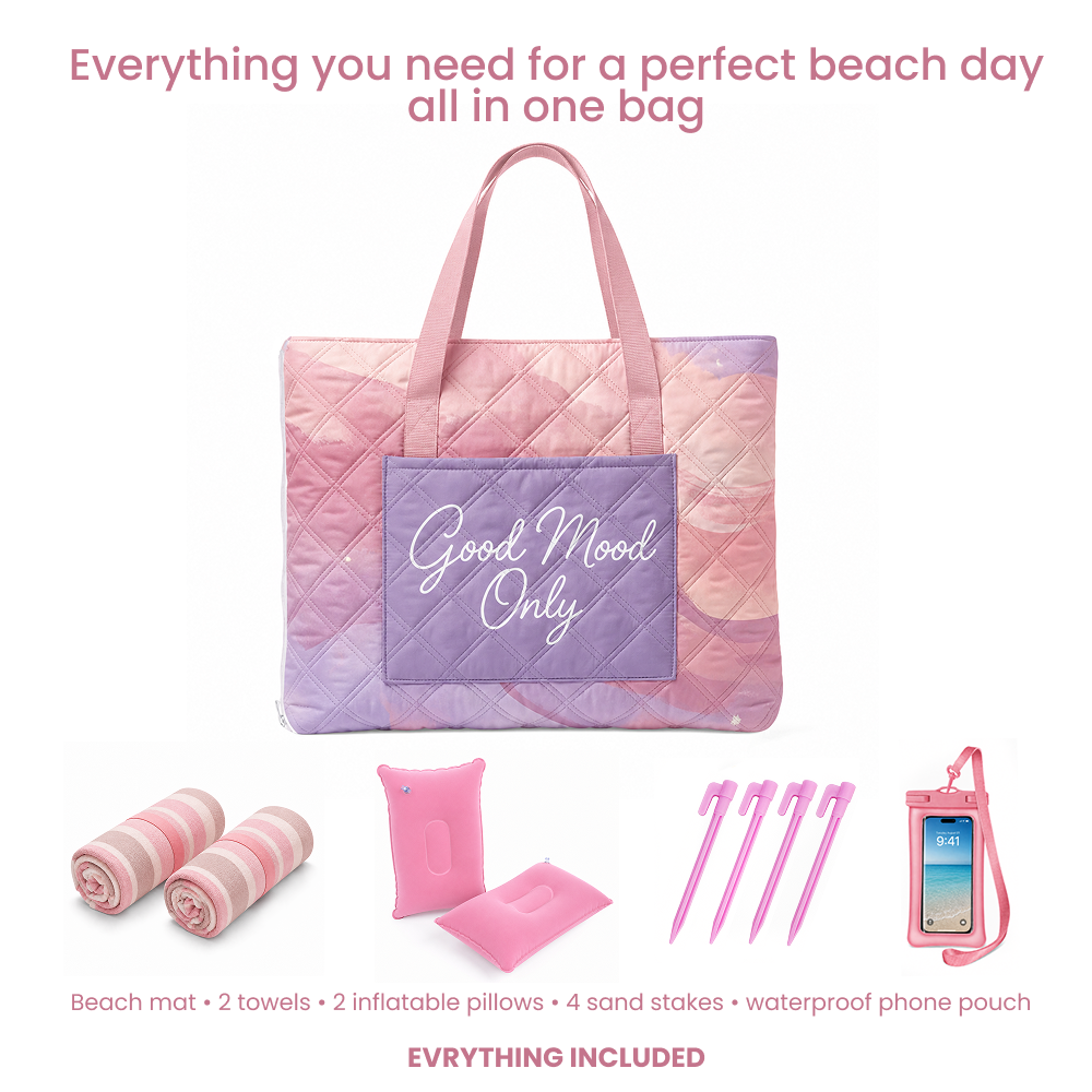 Bentoria Pink Good Mood Only beach blanket set with towels, pillows, sand stakes and a phone pouch