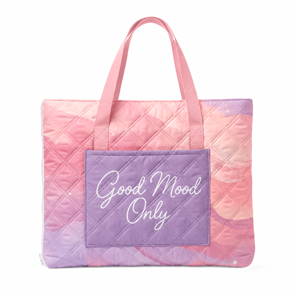 Pink Good Mood Only padded beach blanket folded into its built-in tote