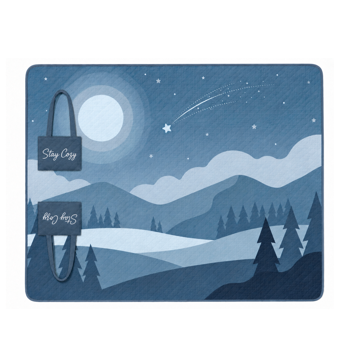Navy Stay Cozy padded blanket opened flat with a moonlit mountain and forest print