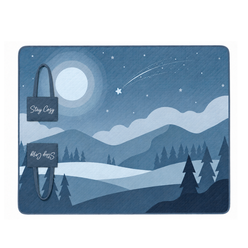 Navy Stay Cozy padded blanket opened flat with a moonlit mountain and forest print
