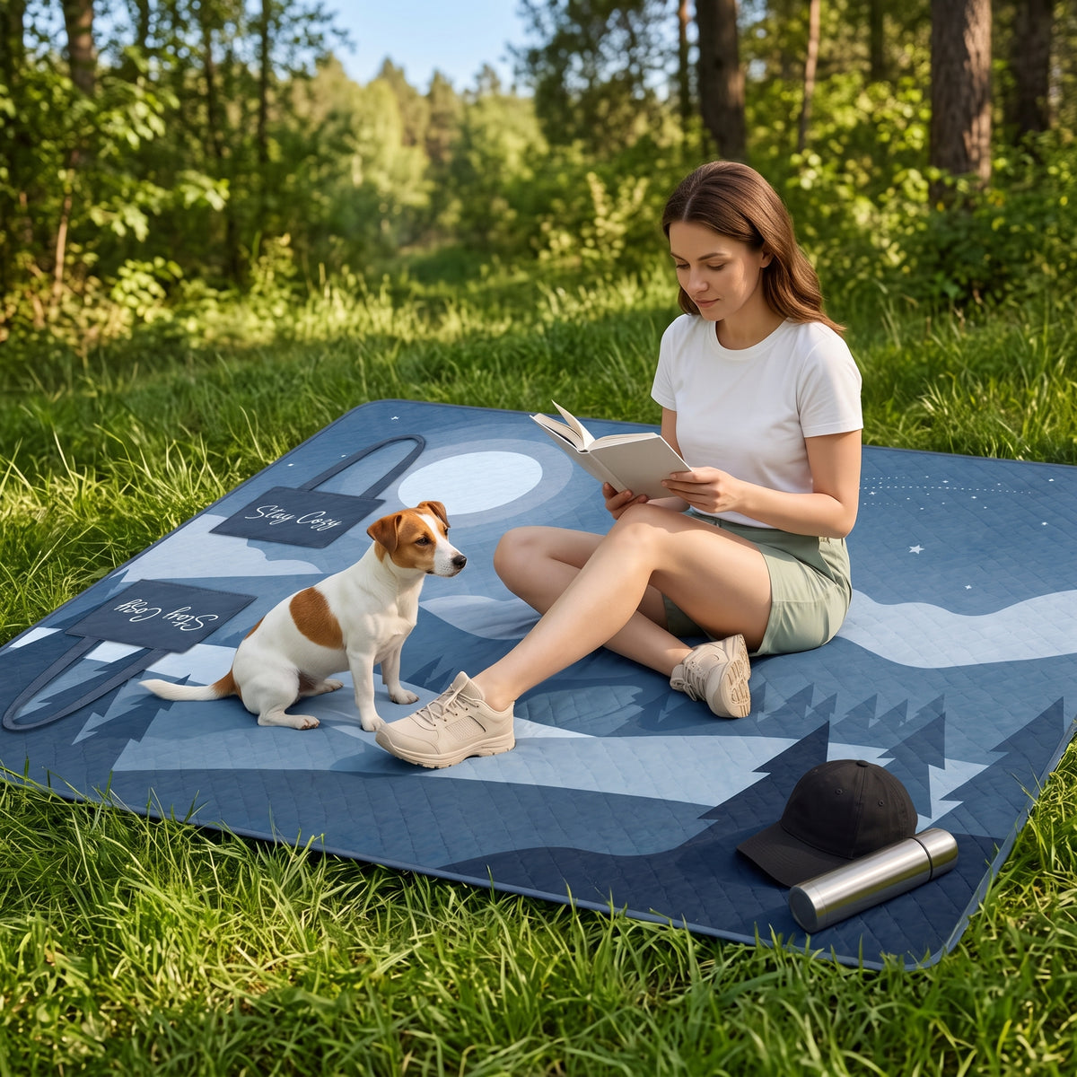 Woman relaxing with her dog on the Navy Stay Cozy padded picnic blanket in a park