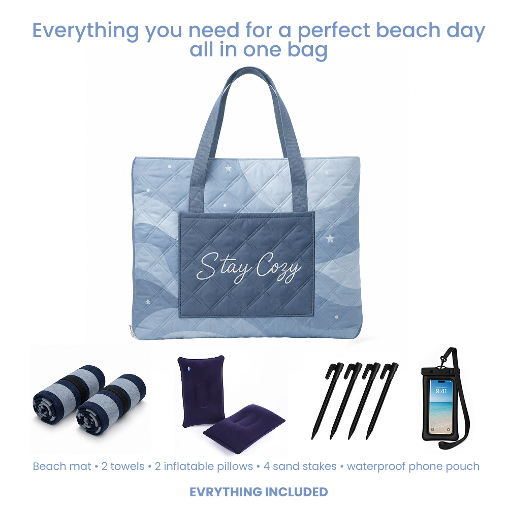 Bentoria Navy Stay Cozy outdoor blanket set with towels, pillows, sand stakes and a phone pouch