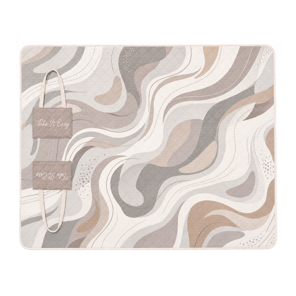 Taupe Take It Easy padded beach blanket opened flat with a neutral abstract wave print