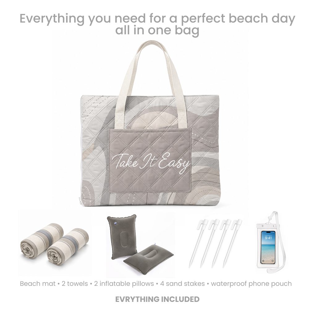 Bentoria Taupe Take It Easy beach blanket set with towels, pillows, sand stakes and a phone pouch