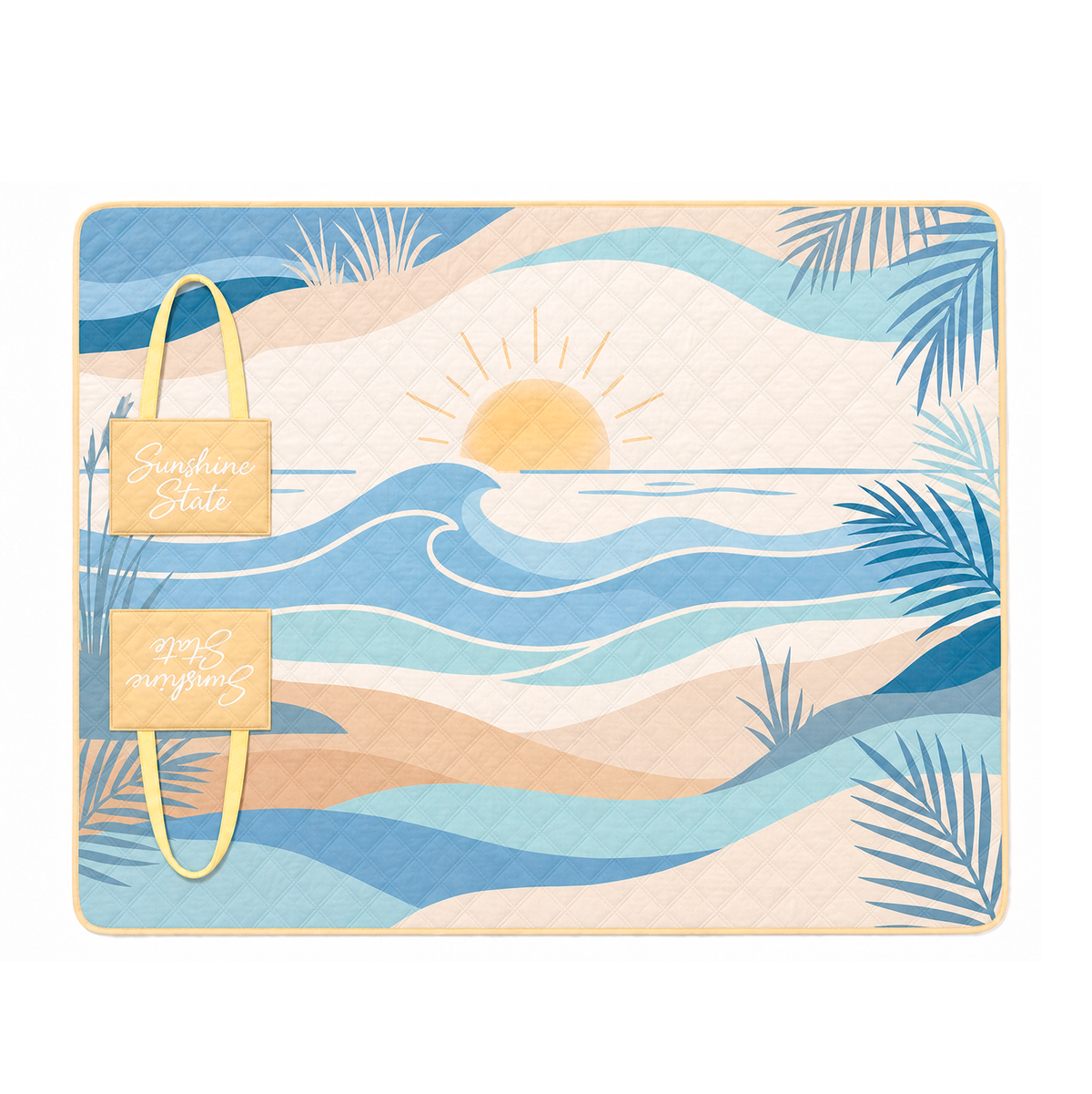 Ocean Sunshine State padded beach blanket opened flat with a blue coastal sunset print