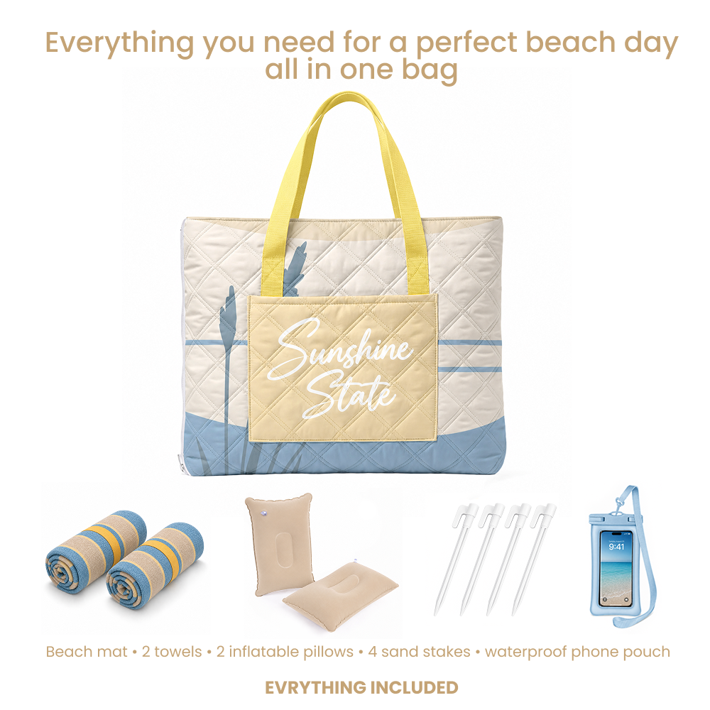 Bentoria Ocean Sunshine State beach blanket set with towels, pillows, sand stakes and a phone pouch