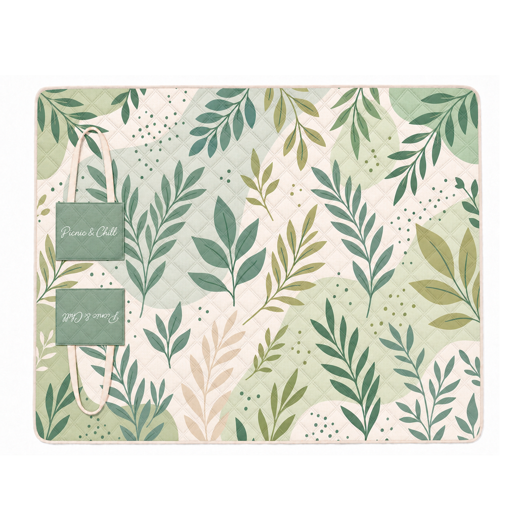 Sage padded beach blanket opened flat with leafs print and built-in tote handles