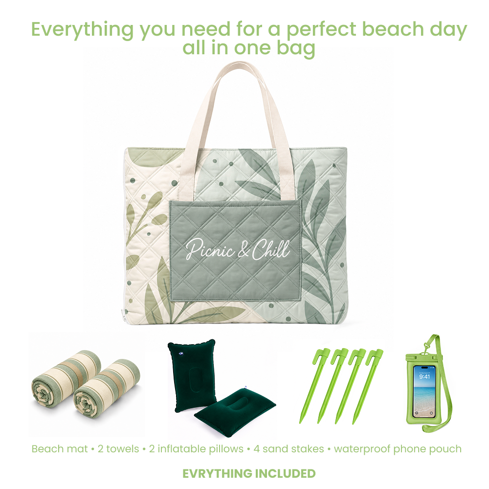 Bentoria sage padded beach blanket set with two towels, two pillows, four sand stakes and a phone pouch