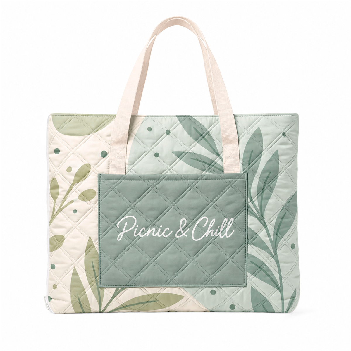 Green padded beach blanket folded into a built-in tote