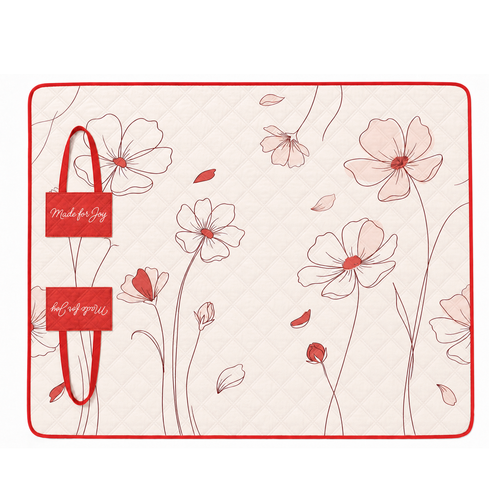Red padded beach blanket opened flat with a flower print and built-in tote handles