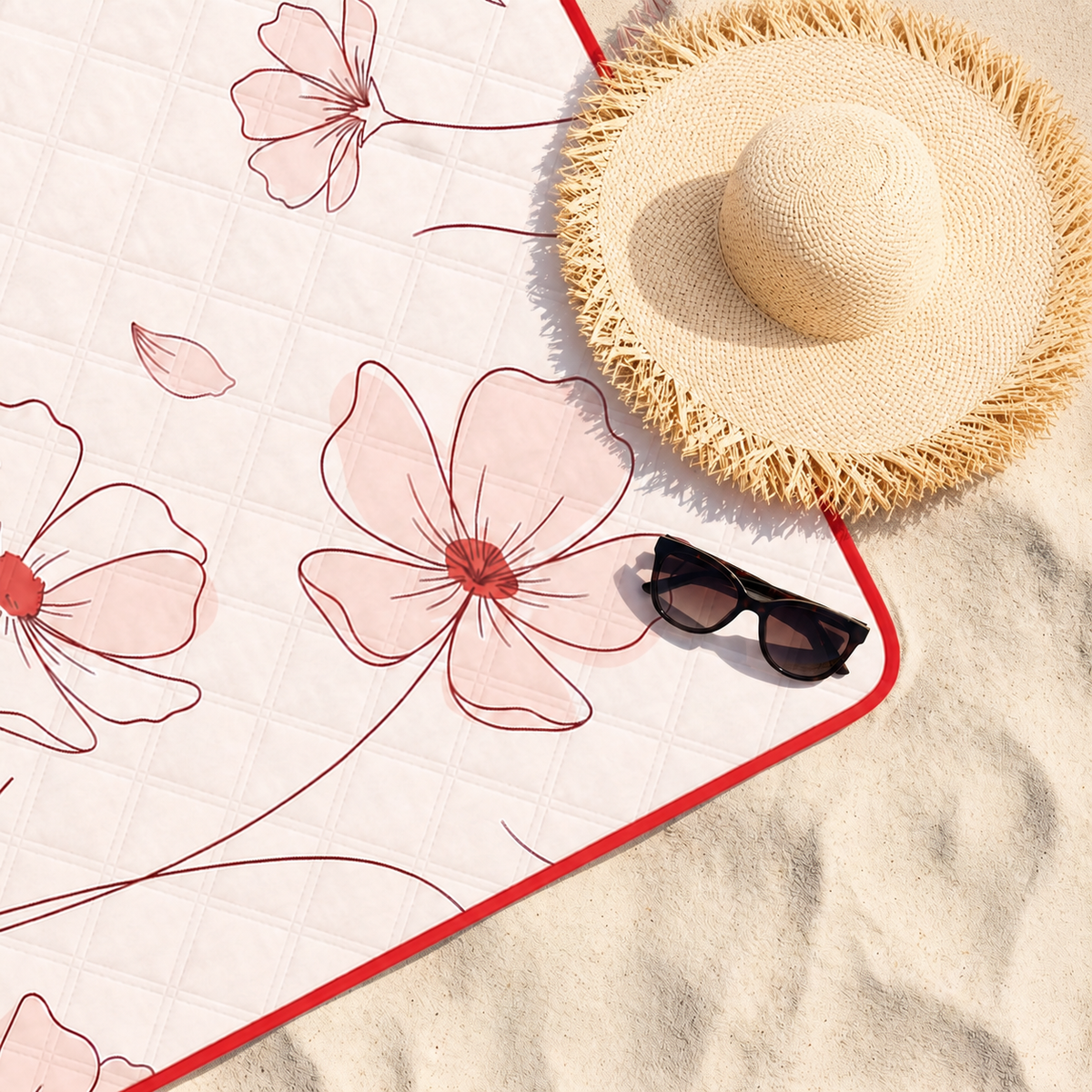 Red padded beach blanket on sand with a sun hat and sunglasses