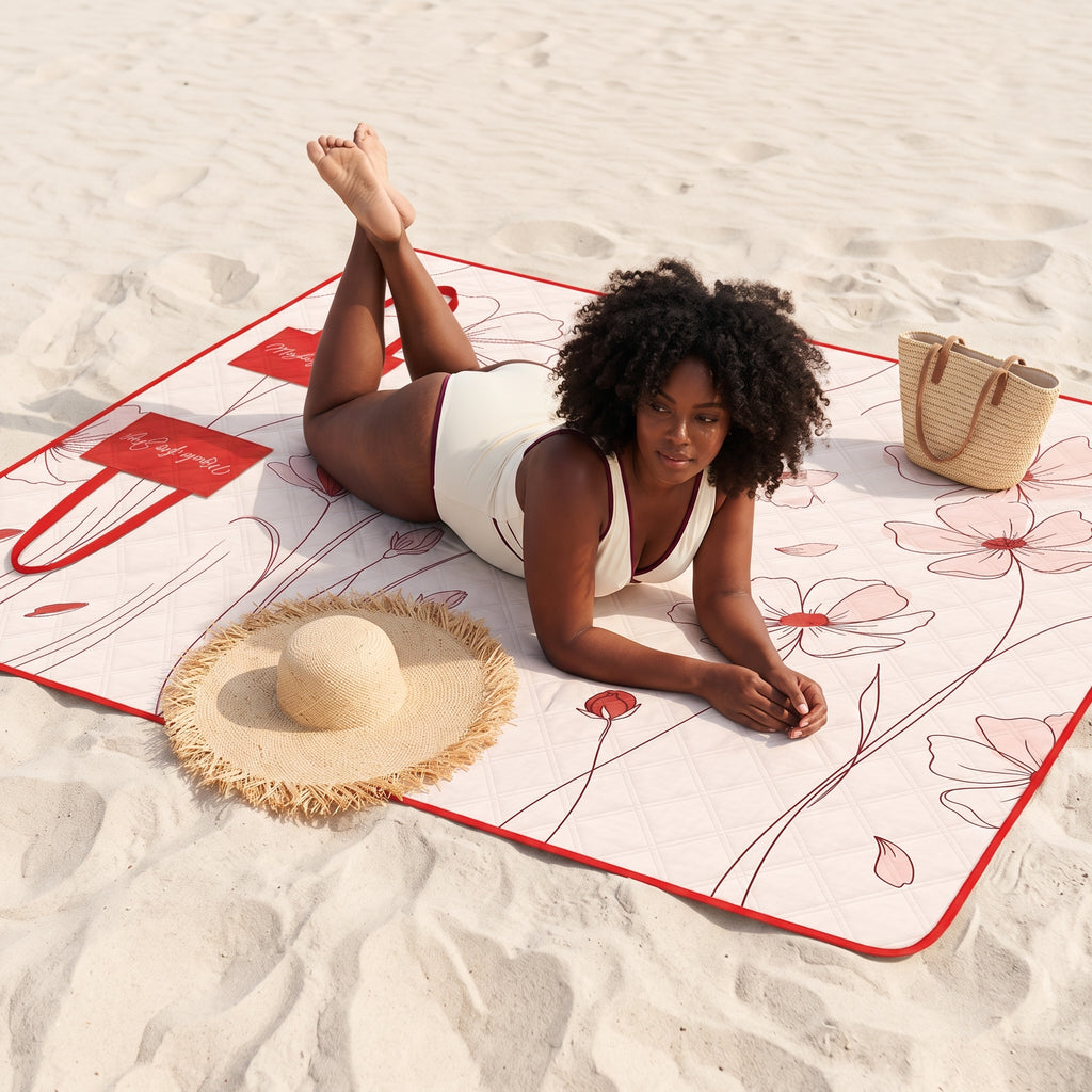 Red padded beach blanket set opened on the beach