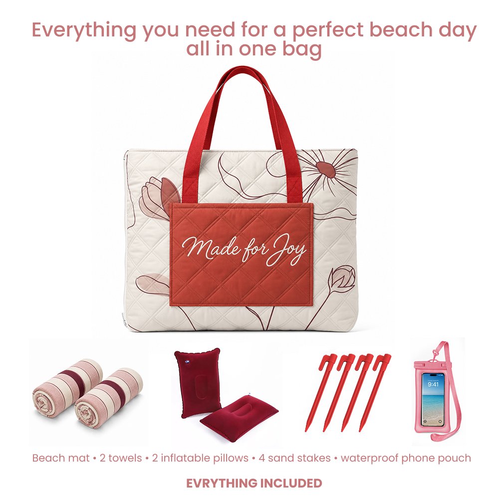 Bentoria red padded beach blanket set with two towels, two pillows, four sand stakes and a phone pouch